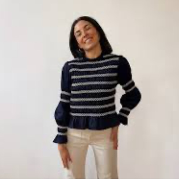 MindTraveler Eloise Navy Shirred Blouse Navy smocked blouse top New S - Picture 2 of 6